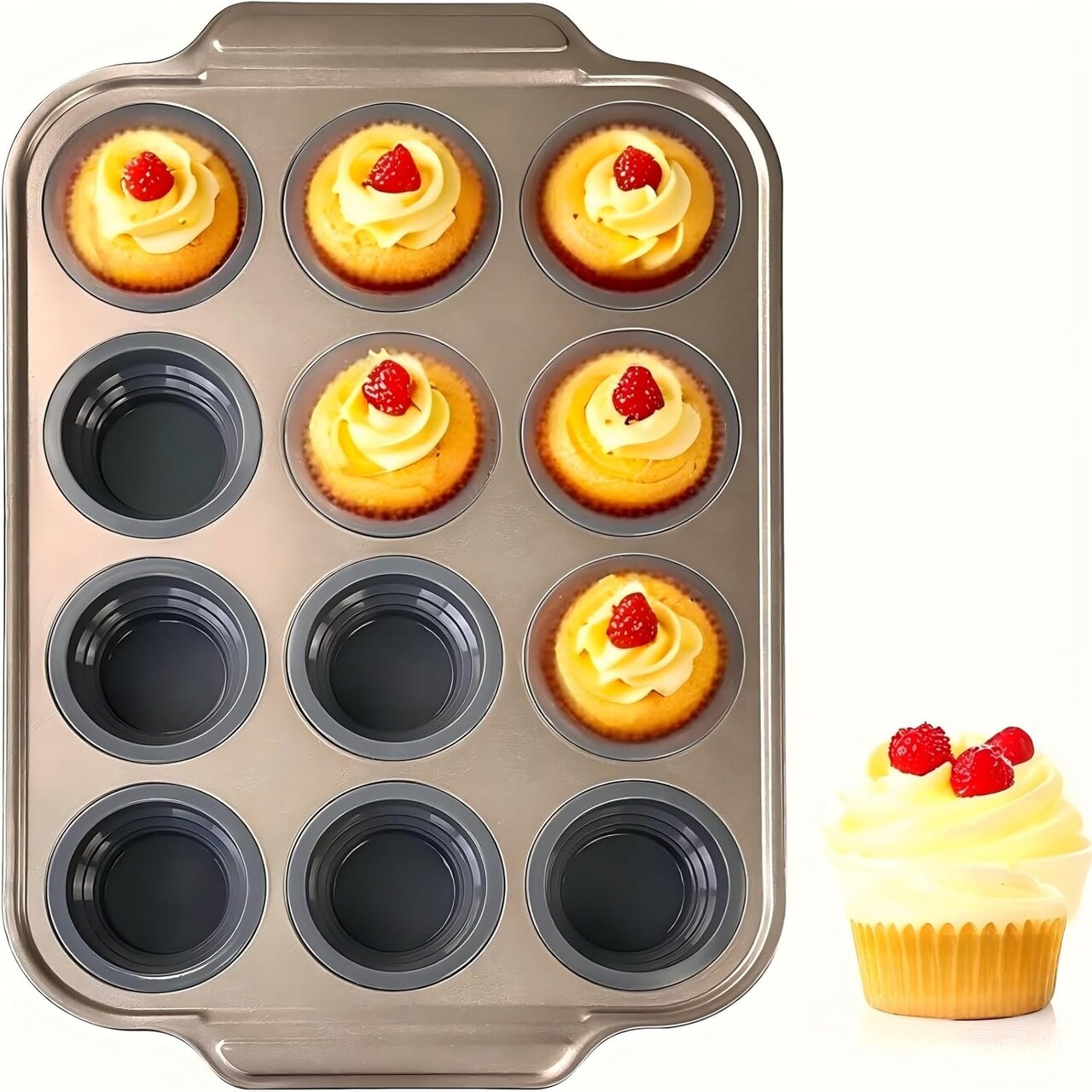 Silicone Muffin Pan with Metal Frame, 12 Cups Silicone Muffin Pan - Nonstick Cupcake Pan 1 Pack Regular Size Silicone Mold for Baking, Muffin Tins Easy to Pop Bakeware for Oven, Golden Gray